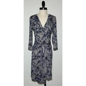 BANANA REPUBLIC Blue Print V-Neck 3/4 Sleeve Belted Rayon Blend Dress Womens S